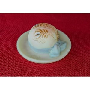 Fenton Burmese Satin Glass Hand Painted Hat Figurine